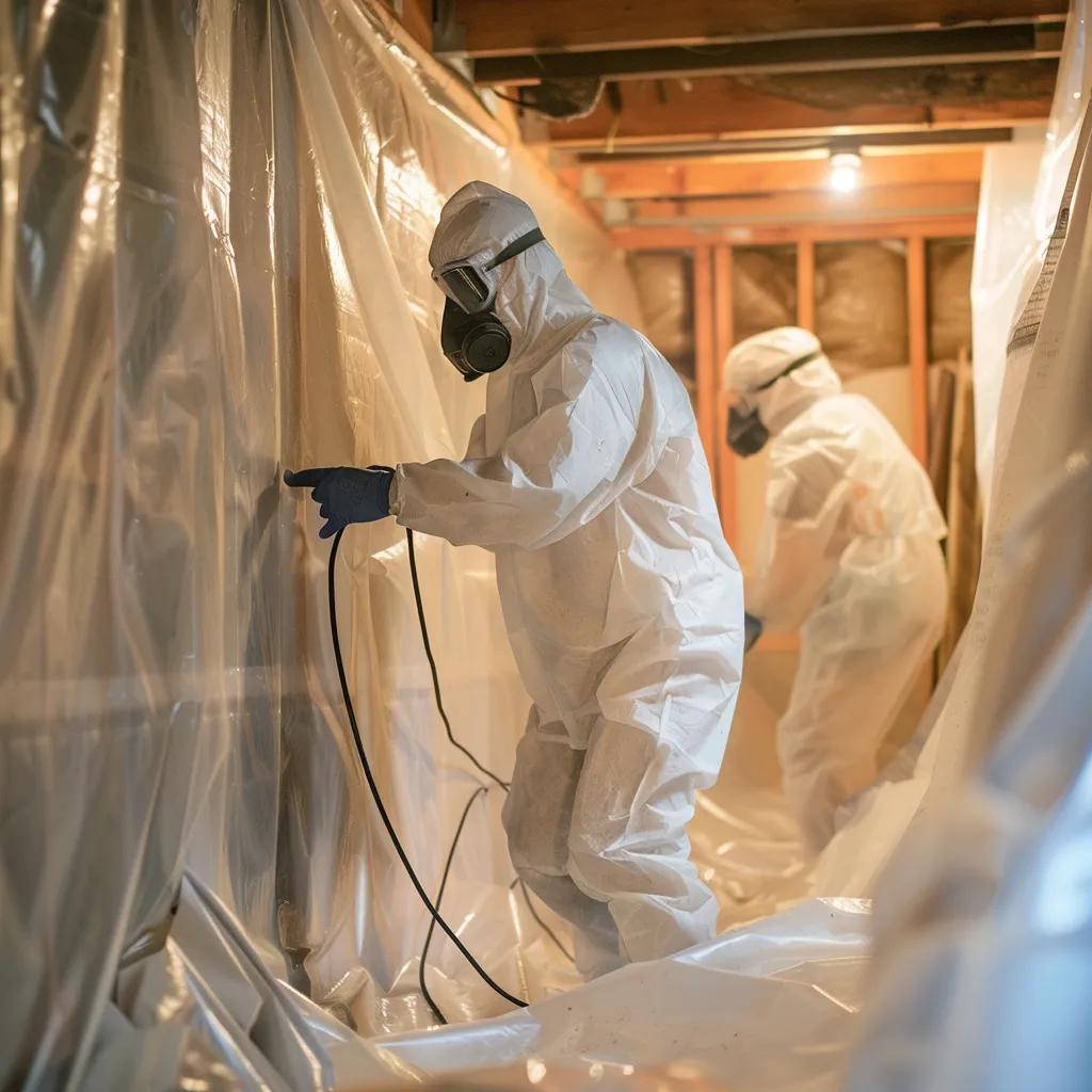 Professional mold remediation team isolating a contaminated area with safety equipment