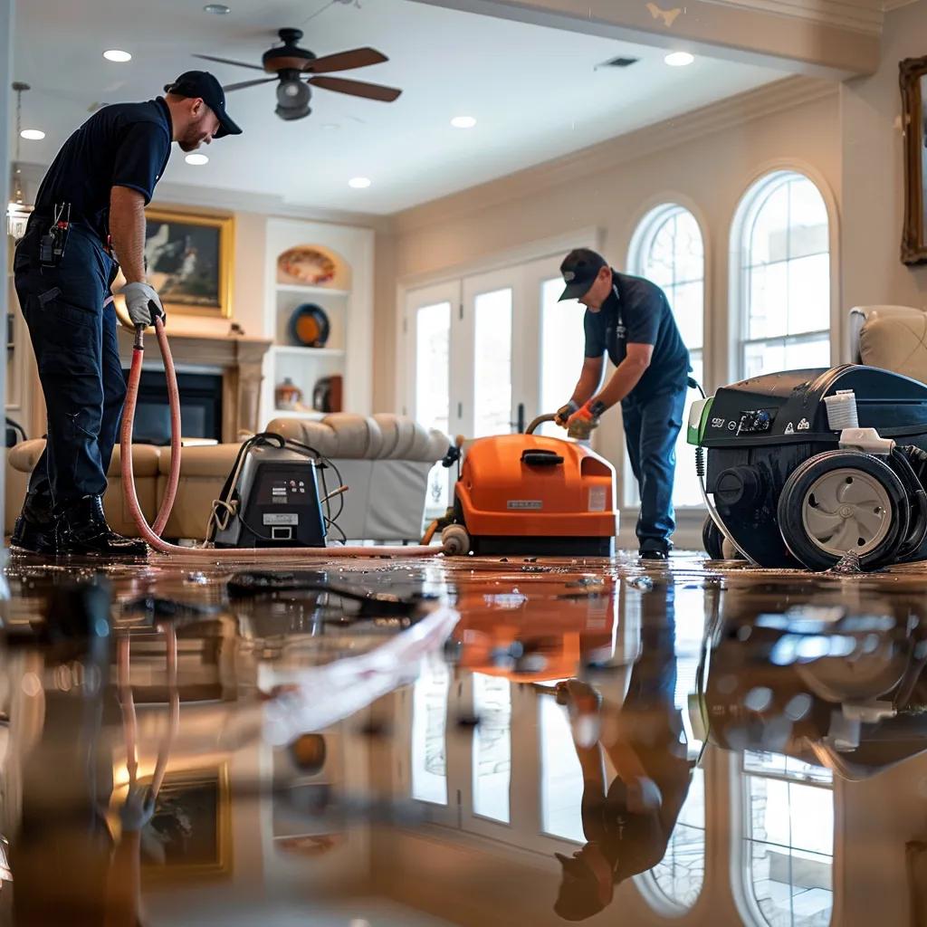 Professionals conducting water damage restoration in a Houston home